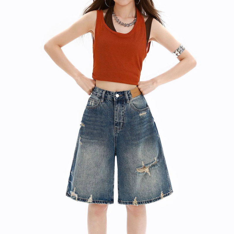 American High Street Style Ripped Denim Shorts for Women, Summer Thin Denim Shorts, Loose Wide-Leg Mid-Length Shorts