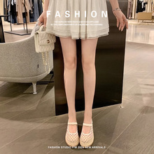 真皮度假网纱包头拖鞋夏玛丽珍蝴蝶结麻绳8cm增高厚底坡跟小个子