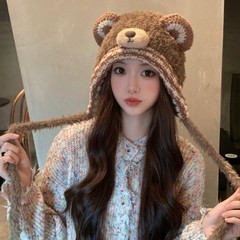 新款护耳帽针织毛绒加厚保暖包头女加绒可爱帽子户外冬季帽潮小熊