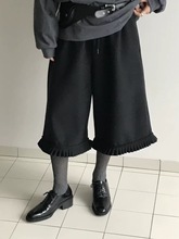 秋冬毛呢厚款 韩国复古花边压褶宽松纯色裤腿7分裤直筒日系少女