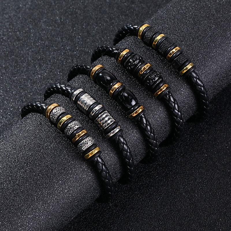 Korean Style Explosive Leather Woven Men's Titanium Steel Bracelet Punk High Street Fashion Personalized Trendy Accessories Vintage Bracelet Korean Style Explosive Leather Woven Men's Titanium Steel Bracelet Punk High Street Fashion Personalized Trendy Accessories Vintage Bracelet