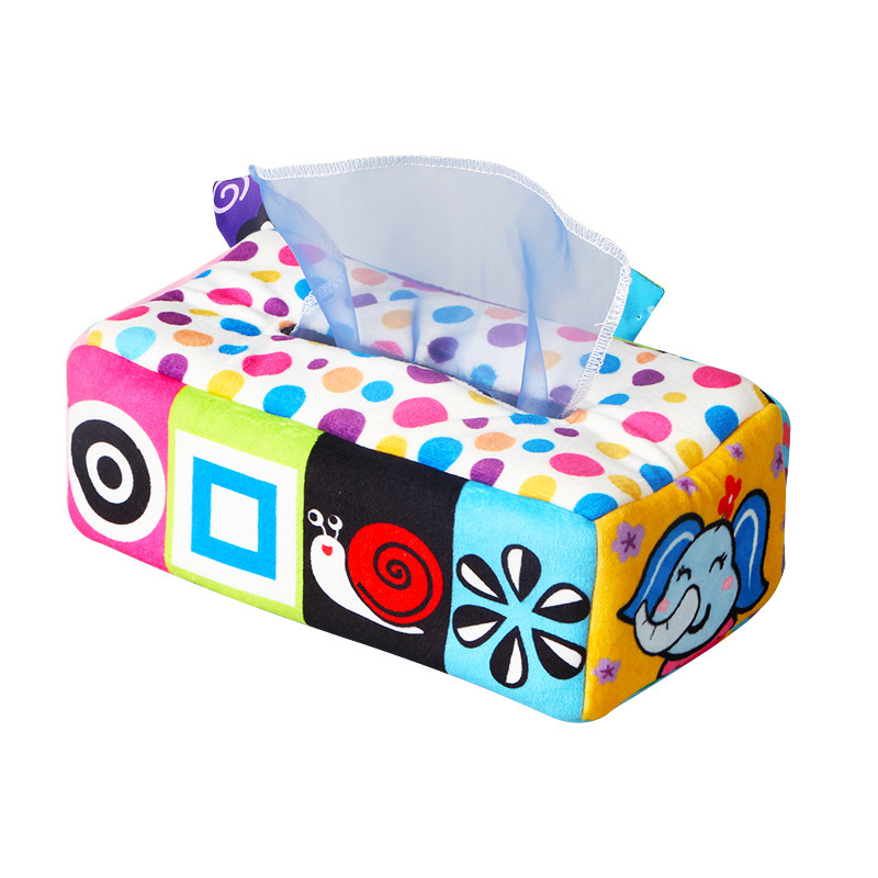 Juguete de peluche simulado de caja de pañuelos para bebés, juguete de ejercicio para los dedos de bebés.