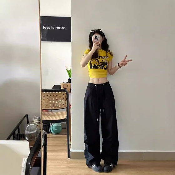 American Yellow Right Shoulder Girls Short-sleeved T-shirt Women's Summer Dopamine Slim Short Sweet and Spicy jazz Top