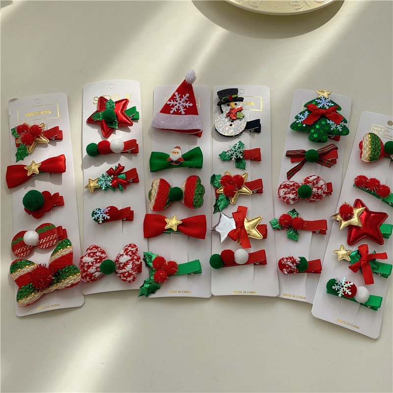 Cute Christmas Tree Bow Knot Snowflake Cloth Hair Clip 5 Piece Setpicture2