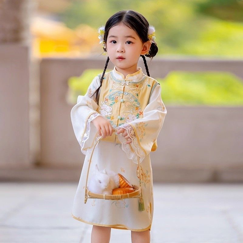 汉服女童秋装宝宝中国风玉兔马甲旗袍连衣裙女孩古装儿童中秋唐装|undefined