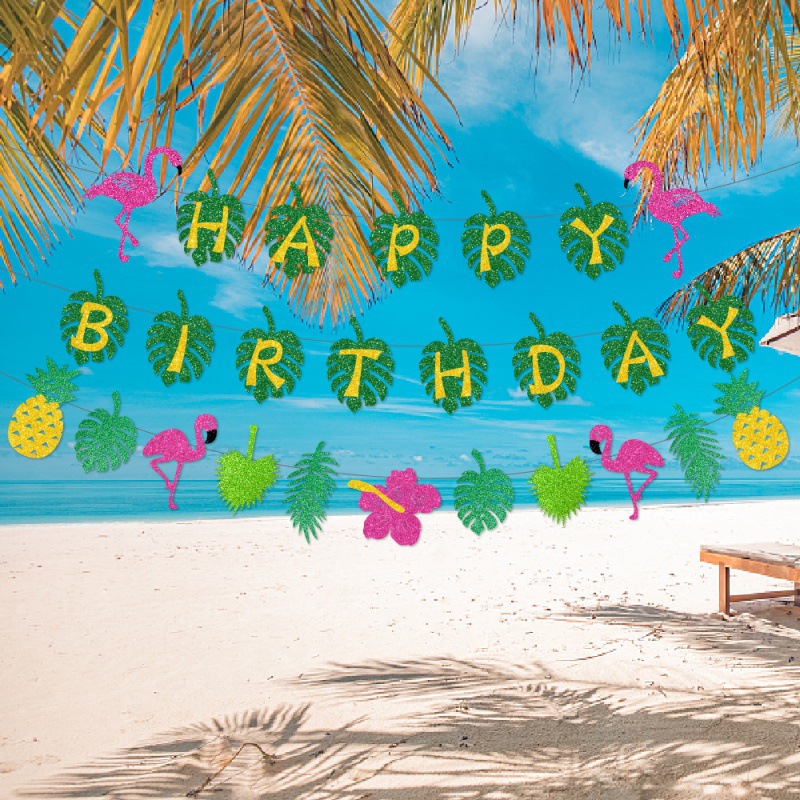 Fiesta de cumpleaños de verano hawaiano decoraciones de bandera de dibujo de fiesta de cumpleaños tropical atmósfera decoración de pancarta colgante