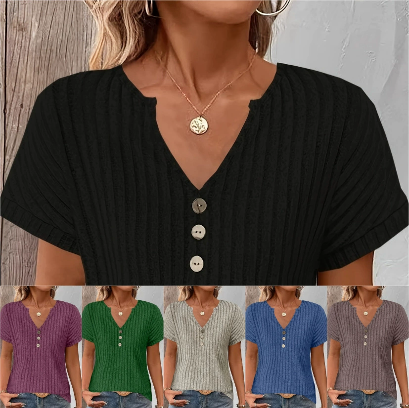 Новинка 2025: женский трикотажный топ с V-образным вырезом на пуговицах, однотонный, с коротким рукавом, универсальный, простой и элегантный, для повседневной носки.