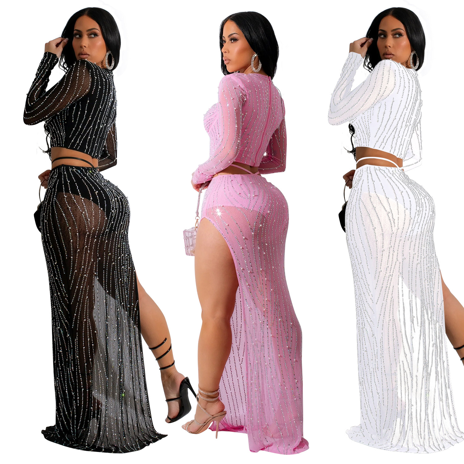 C6861 transfronterizo AliExpress Amazon europeo y americano moda ropa de mujer color sólido malla rhinestone manga larga vestido de dos piezas conjunto