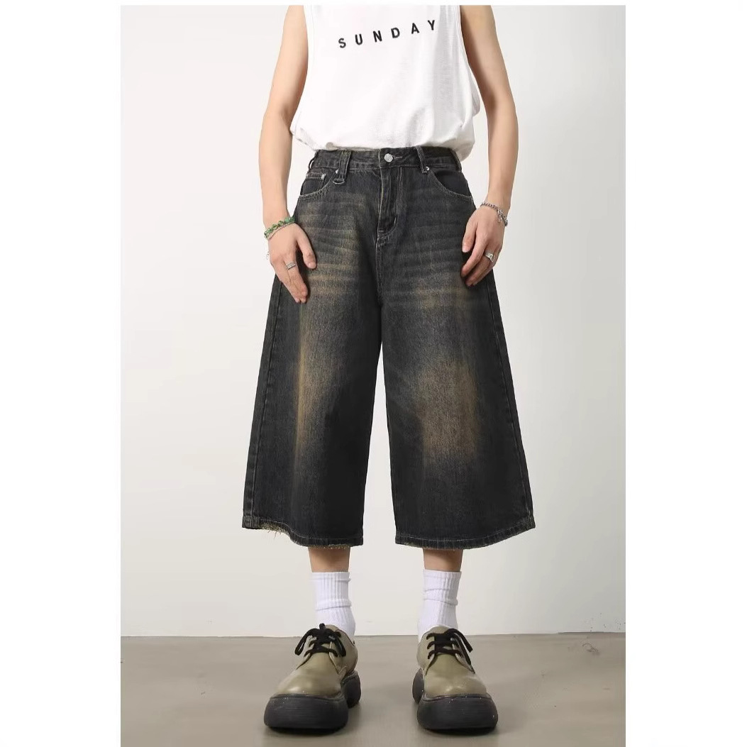 Summer Niche All-match American Style Retro Old Blue Denim Shorts Men's Loose Straight Wide Leg Cropped Pants Draped