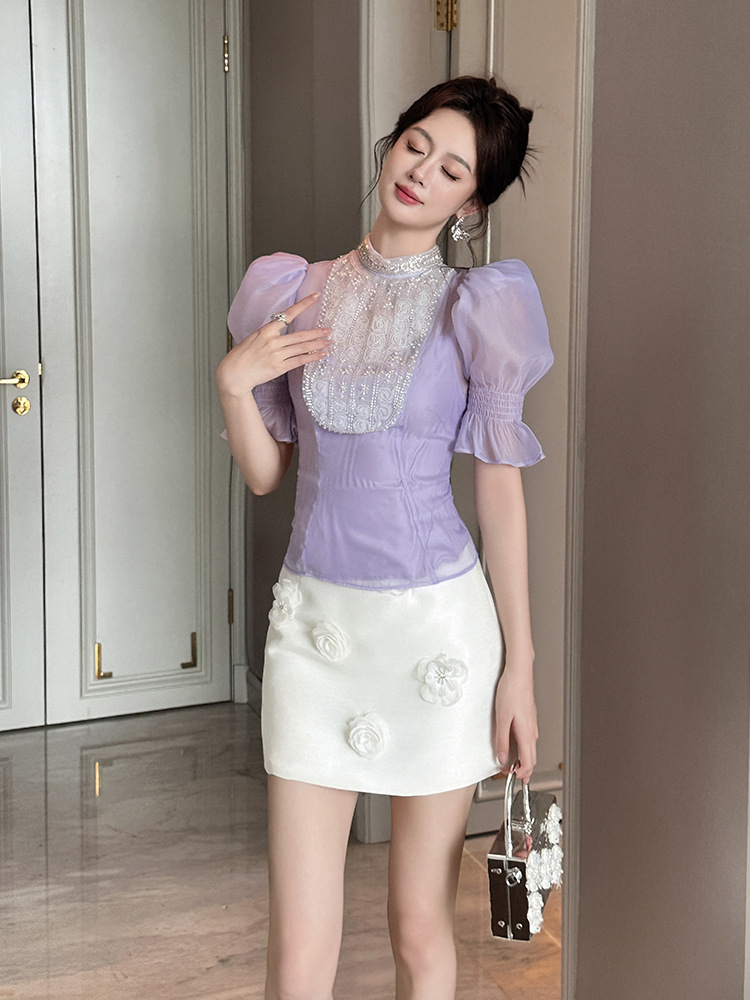 Áo kiểu tay phồng đính kim cương thắt eo thiết kế kiểu Pháp — Hoa violet