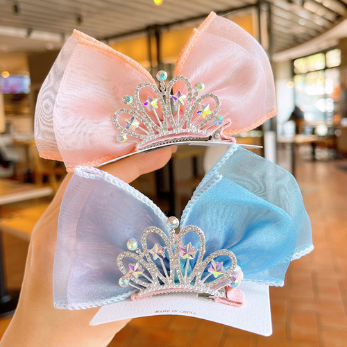 Children's Lace Elsa Princess Crown Bow Hair Clip Headwear Girls Baby Hair Clip Girls Three-dimensional Top Clip