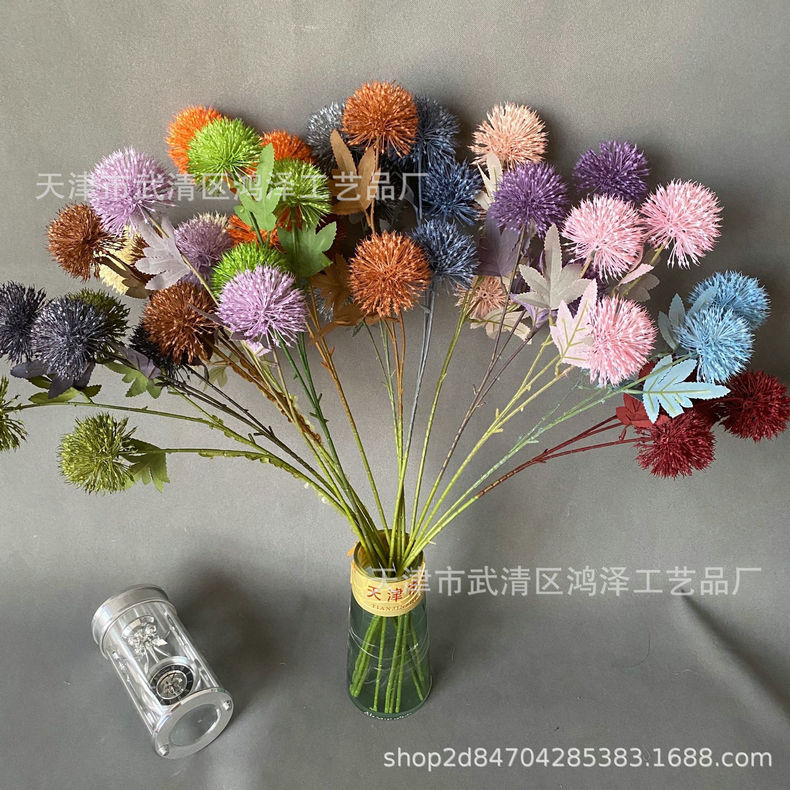 3-Head Onion Ball Dandelion Ball Chrysanthemum Plastic Flower Wedding Aisle Flower Arrangement Home Decoration Artificial Flower Realistic Flower