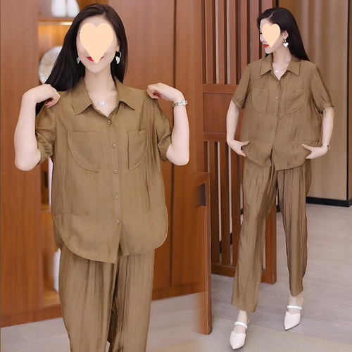 Fashion Summer Set Women 2025 Casual Korean Version Stylish Mother's Outfit Short Sleeve Shirt Two-Piece Set