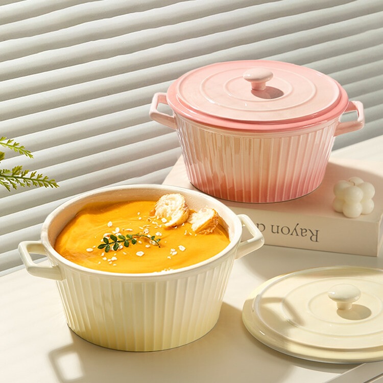 Cream-Colored Ceramic Double-Handle Soup Bowl for Home Use, Large Size, with Lid, New Style Soup Basin, High Aesthetic Value, Large Bowl for Snail Noodle Soup