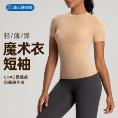 欧米の新型ヨガ服の女性のカーダシアンは同じタイプのスリムな半袖の上着の高弾の薄い運動のフィットネス服を見せます。