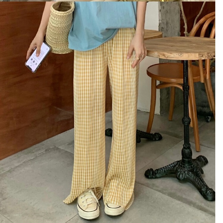 Yellow Plaid High-Waisted Loose Straight Pleated Casual Pants for Women, Summer 2026 New Style, Floor-Length Pants for Petite Sizes Yellow Plaid High-Waisted Loose Straight Pleated Casual Pants for Women, Summer 2026 New Style, Floor-Length Pants for Petite Sizes
