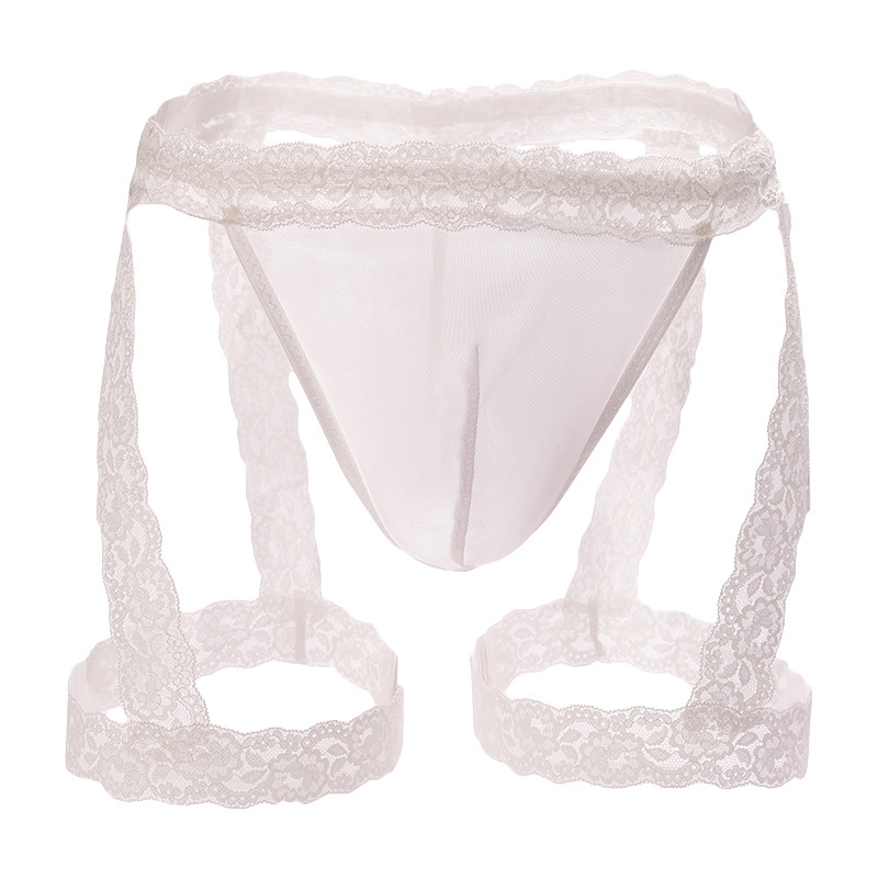Lace Trimmed Thong Men's Sexy Underwear Transparent Mesh T-Pants Leg Binding Style See-Through Shorts_voghion.com