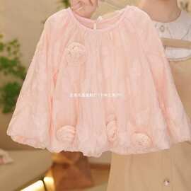 2025春季女宝圆领可爱花朵粉色长袖网纱喇叭裤甜美可爱两件套装