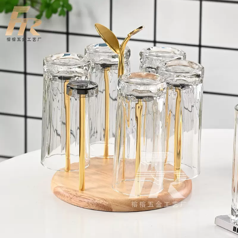 简约铁艺倒挂水杯架客厅沥水杯架胡桃木板杯架杯具套装玻璃杯收纳