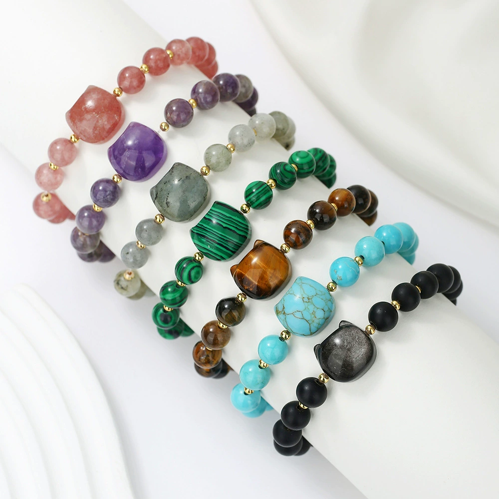 Трансграничный хит продаж, браслет из натурального камня с головой кошки, серый, лунный, синий, бирюзовый браслет, круглый браслет для пары, производитель, оптовая продажа