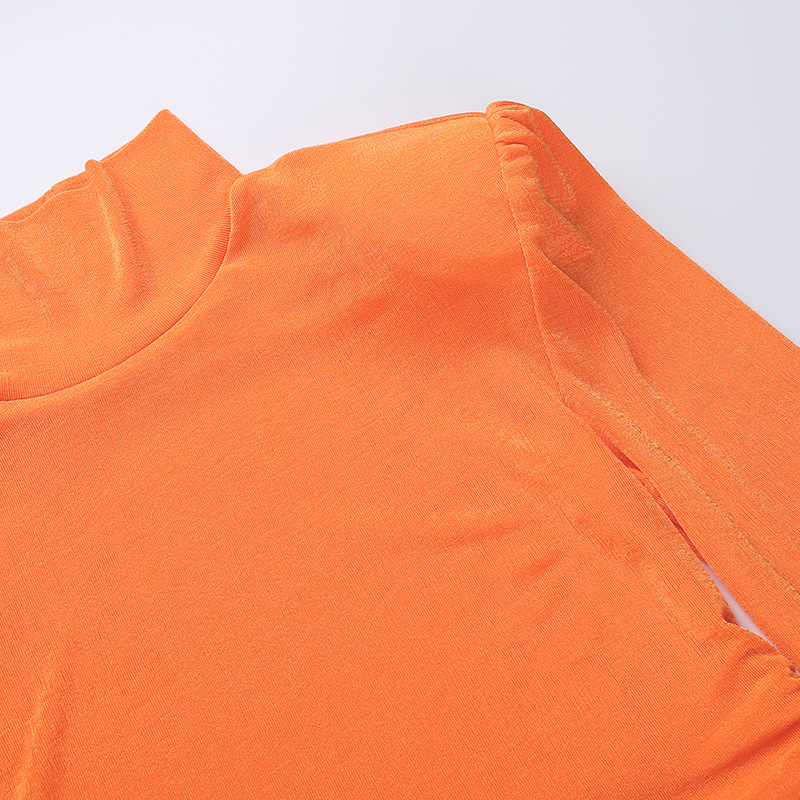 High-Neck Shoulder Pads Folding Long-Sleeved Slim Dress NSFLY81205