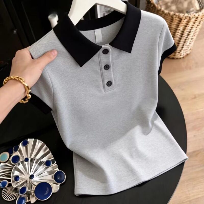 Polo Collar Short-Sleeve T-Shirt for Women, 2026 Summer New Fashion Versatile Patchwork Design, Slimming and Stylish Top Polo Collar Short-Sleeve T-Shirt for Women, 2026 Summer New Fashion Versatile Patchwork Design, Slimming and Stylish Top