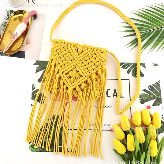 New Cotton Rope Tassel Hand Bag Diagonal Woven Bag Casual Women's Bag Single Shoulder Forest Straw Bag Beach Bag