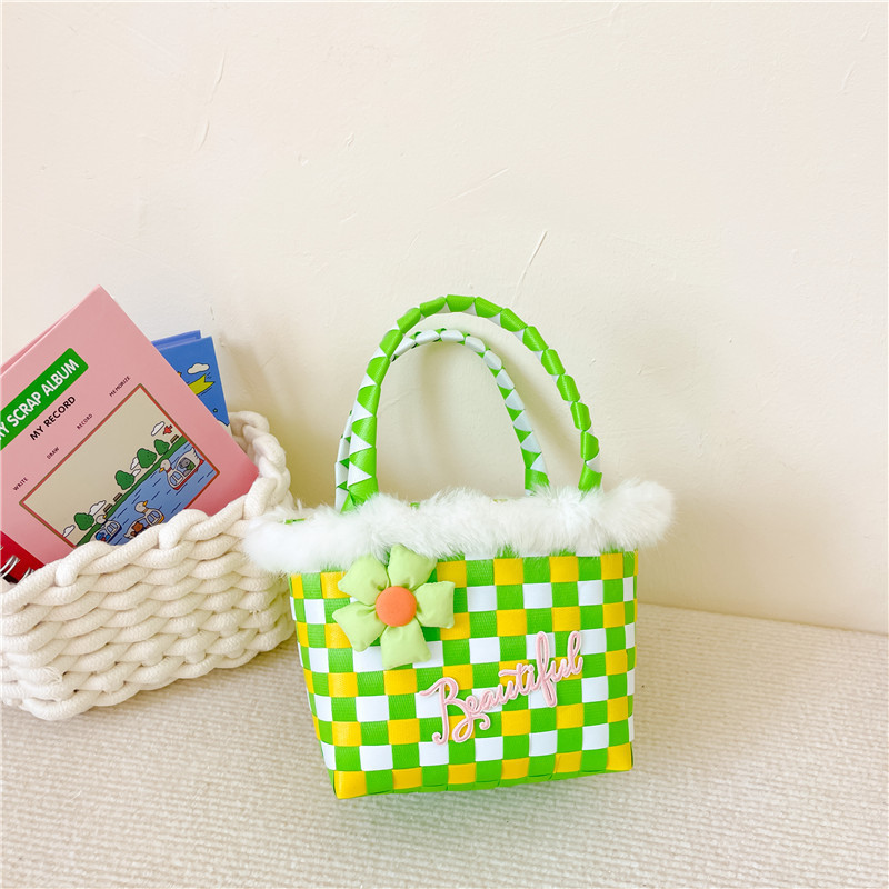 Nueva cesta de alimentos Internet celebridad bolso mano-llevar a cuadros Arco Iris tejido pequeño bolso cuadrado de las niñas de dibujos animados de ajedrez bandeja de almacenamiento bolsa