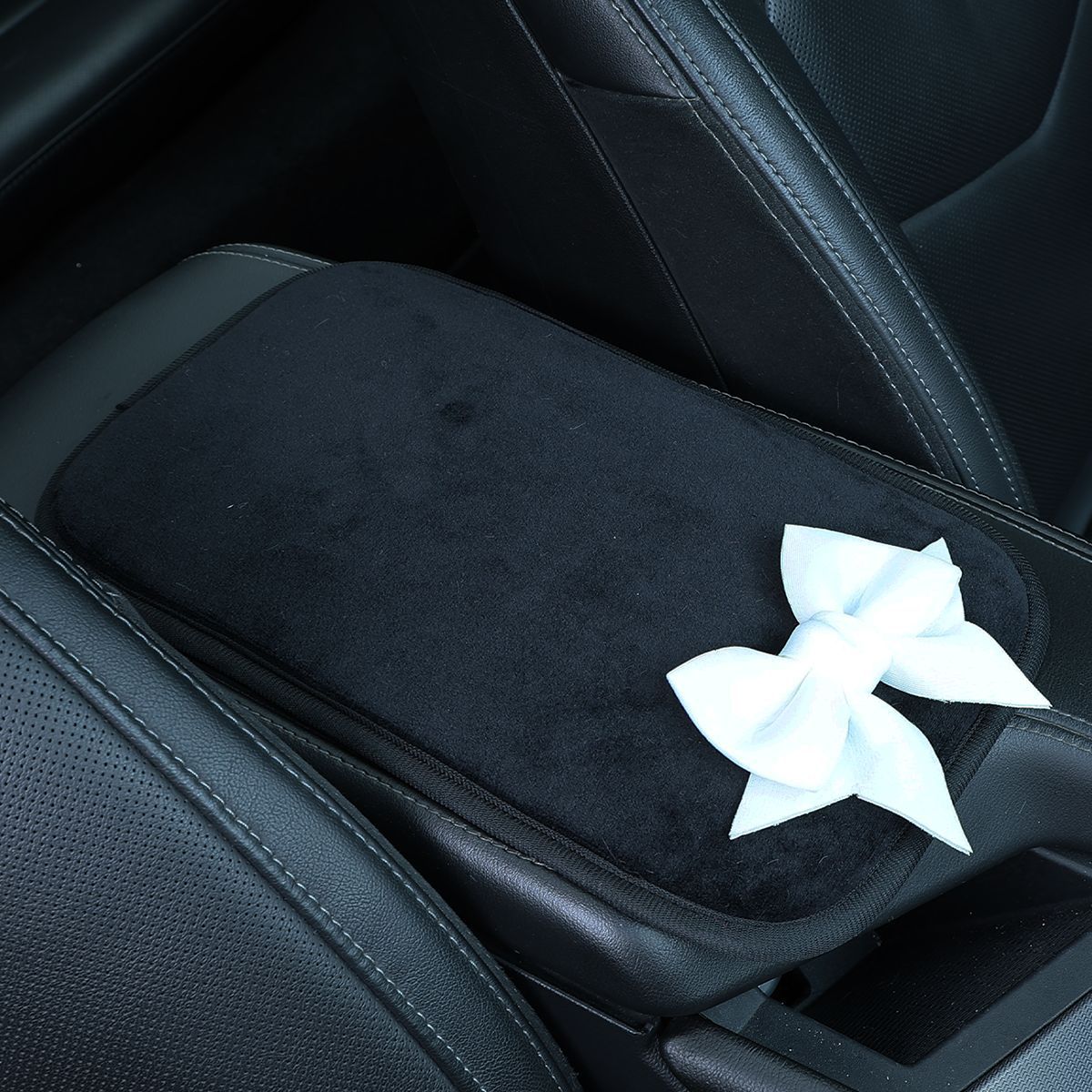 Car armrest cushion, short plush universal armrest pad with ice silk bow decoration