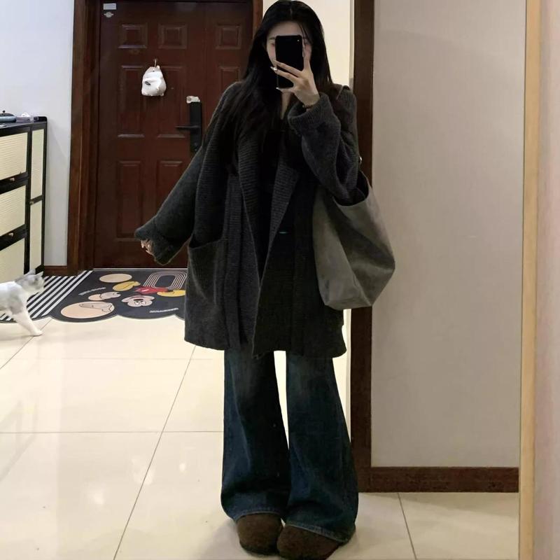 慵懒风灰色翻领连帽毛衣外套女秋冬季加厚宽松中长款针织开衫上衣|undefined