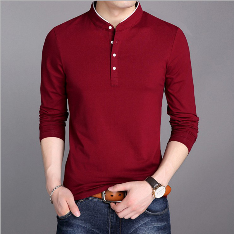 Los hombres de manga larga Camiseta personalizada cuello camisa de fondo de la primavera de color sólido coreano slim fit camiseta de los hombres de moda de comercio exterior