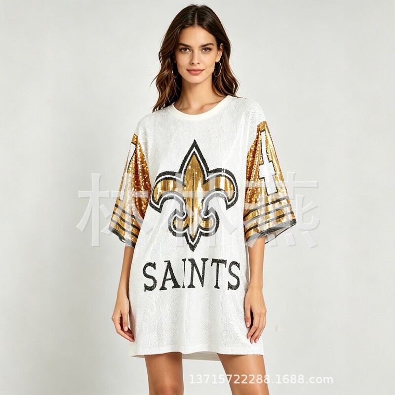 Quality In-Stock Items: Saints Sequined Mid-Length T-Shirt, American Football-Themed Sequined Top