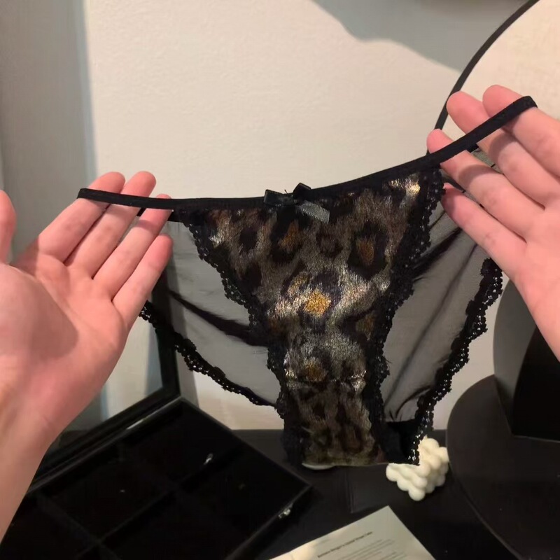 French Gold Leopard Print Satin Lace Girl's Comfortable Mesh Cut Out Seamless Sexy Low-Waist Pure Cotton Crotch Underwear for Women