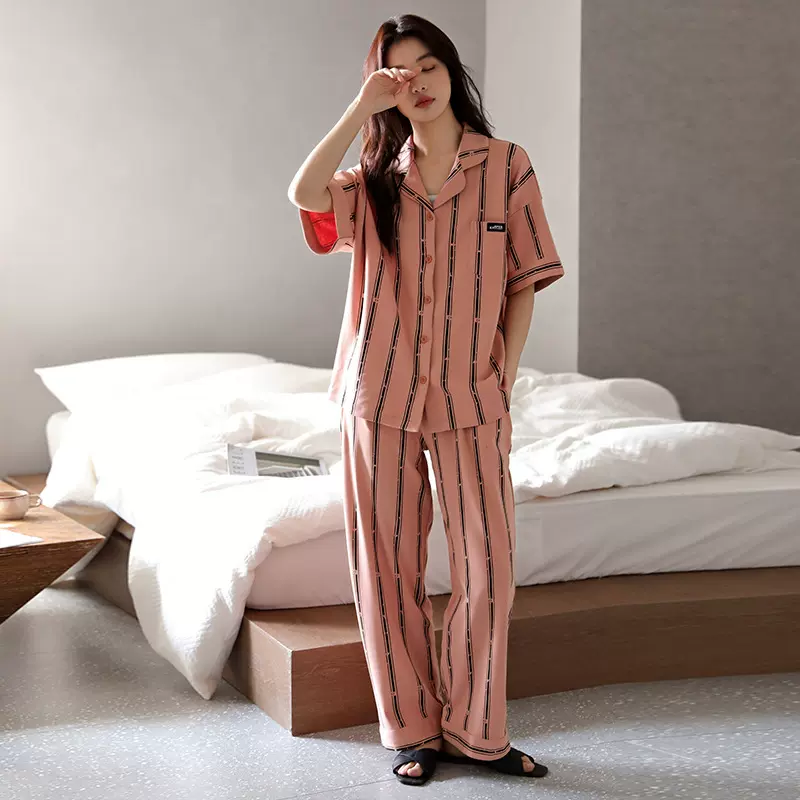 夏季短袖长裤韩式纯棉睡衣女翻领开衫休闲外穿宽松少女家居服套装