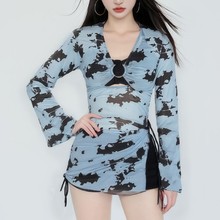 性感辣妹印花镂空透视感长袖欧美女夏季新款修身显瘦时尚分体泳装