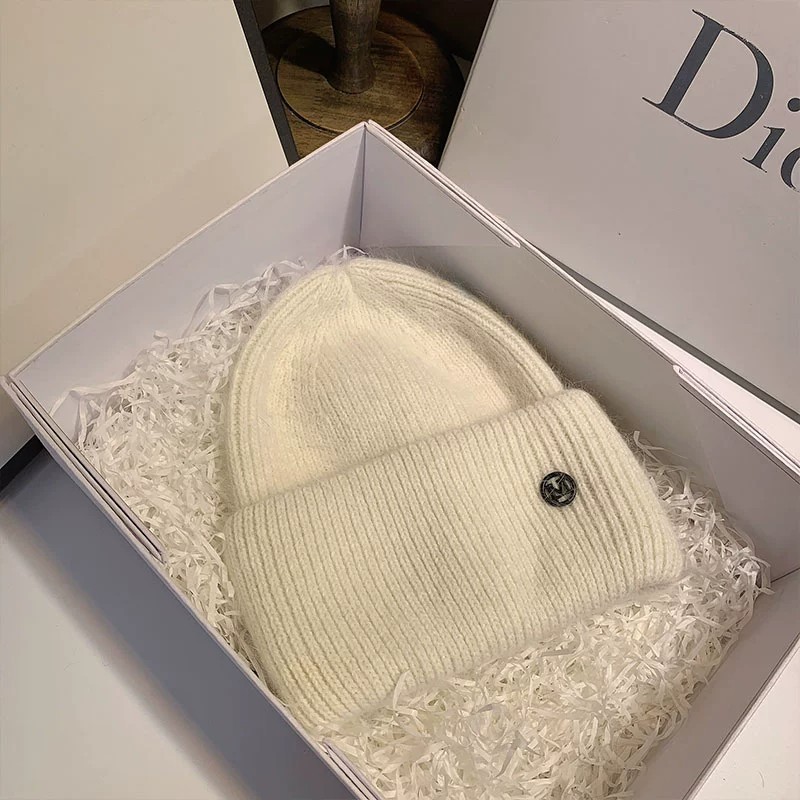 Women's Gender Thick Knitted Hat With Rabbit Fur Winter Warmth Ear Protection Wool Lining Large Head Size Wool Hat Basic