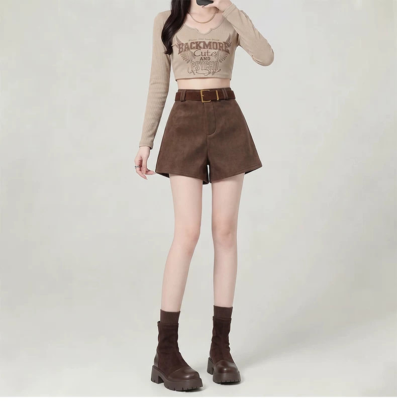 Quần short nữ da lộn cạp cao dáng rộng chữ A kèm thắt lưng — Màu nâu cà phê phối thắt lưng, Đen phối thắt lưng chi tiết 8