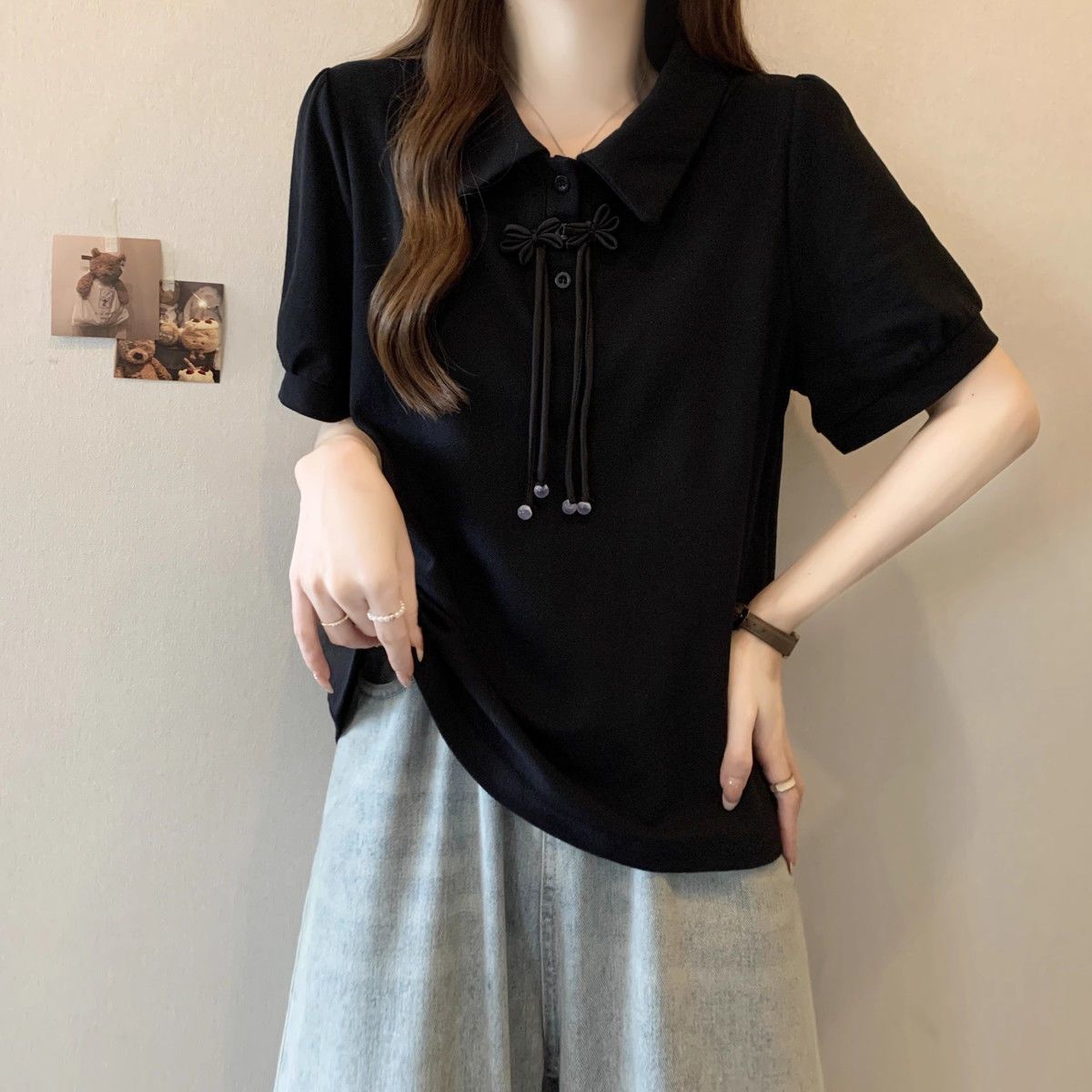 Ropa de mujer de talla grande Fat mm Nuevo estilo chino Colgante con cuello de polo Camiseta de manga corta suelta y delgada que cubre la carne image 8