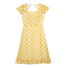 法式甜美撞色格纹荷叶边连衣裙设计感后背镂空修身中长款度假裙女