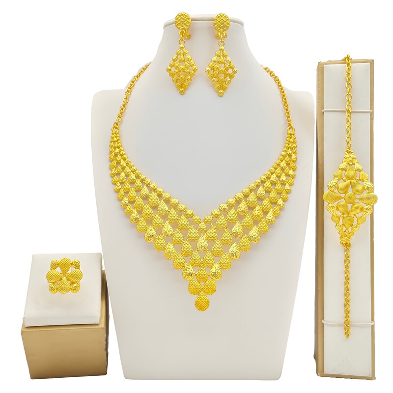 Dubai 24K Gold Plated Bridal Jewelry suit India Fashion Necklace Bracelet Ring Earrings Four Piece Set Dubai 24K Gold Plated Bridal Jewelry suit India Fashion Necklace Bracelet Ring Earrings Four Piece Set