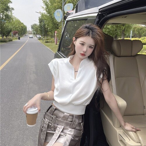 Korean casual fashionable temperament sleeveless top 2025 summer new style high-end royal sister fan V-neck waist T-shirt for women