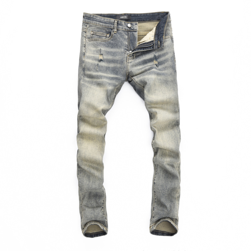2024 Spring and Summer Foreign Trade Men's Ripped Patch Jeans Youth Slim Letter Motorcycle Pants Aliexpress Hot Sale