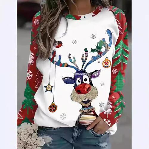 【Hot Sale】New Christmas Deer and Snowflake Women's Long-Sleeve Round Neck Sweatshirt 3D Print Spring and Autumn P