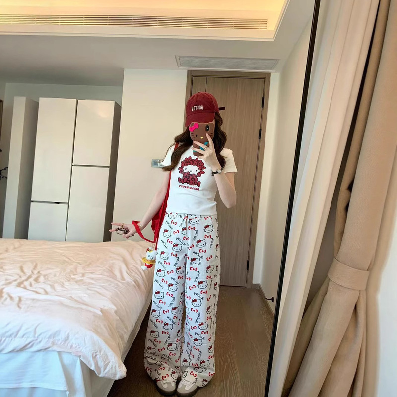 Lazy Style Retro Cartoon Cute Cat Print White Wide-Leg Pants Loose and Versatile Slimming Casual Jeans for Women