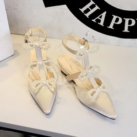 599-16 French satin toe hollow sandals with pointed toe, straight buckle, sloping heel, socialite pearl shoes for children