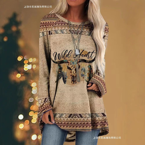 Independent station Western and Eastern best-selling women's loose T-shirt Western style round neck printed women's long-sleeved top