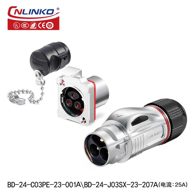 Lingke BD-24 Metal Round Inverted 3-Pin Power Outdoor Waterproof Aviation Connector IP68