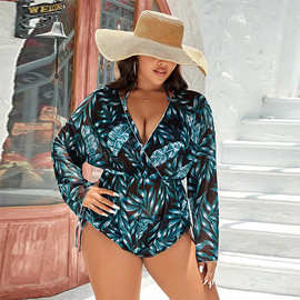 2024新款欧美外贸跨境三件套泳衣女网纱印花大码防晒长袖泳衣女