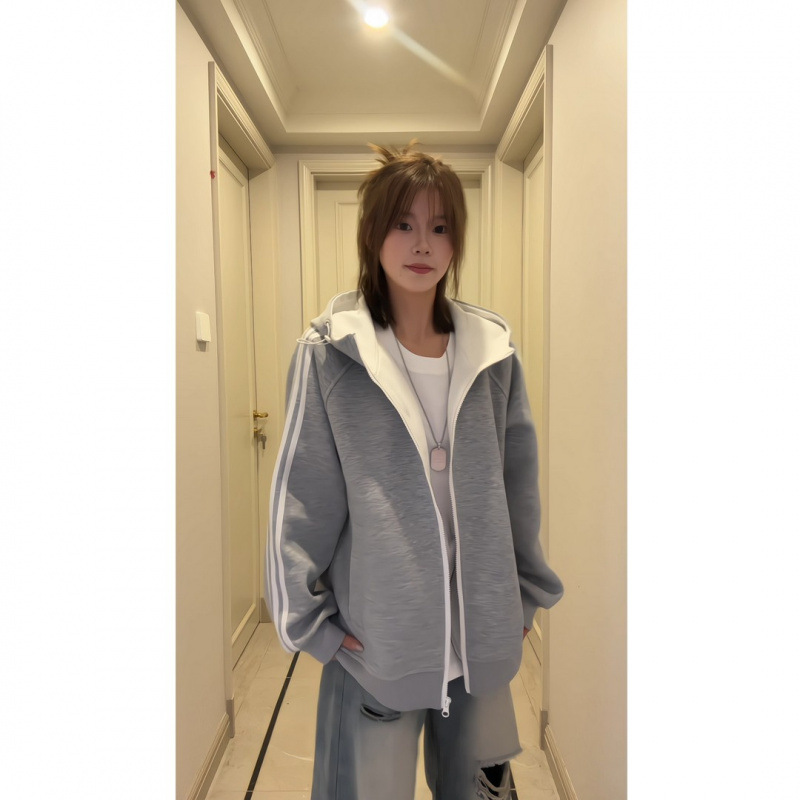 撞色条纹连帽开衫卫衣男秋季感美式休闲运动男女情侣外套上衣现货