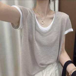 Summer New Thin Fake Two-Piece French Age-Reducing Sweater Plus Size Flesh-Covering Shirt for Women